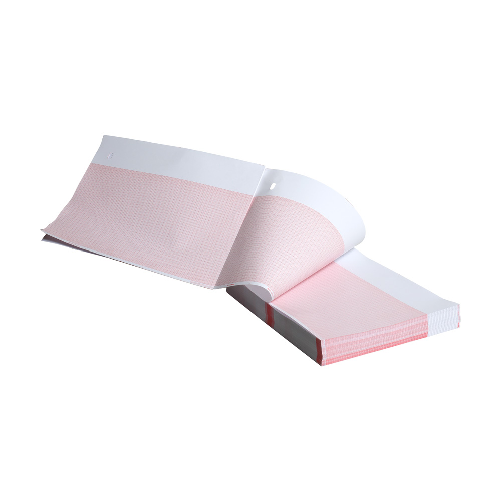 Thermal paper 8.5” x 11”, white patient data area, red grid 155mm wide, z-fold, hole queue, 150 sheets, 16 packs