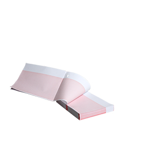 Thermal paper 8.5” x 11”, white patient data area, red grid 155mm wide, z-fold, hole queue, 300 sheets, 8 packs